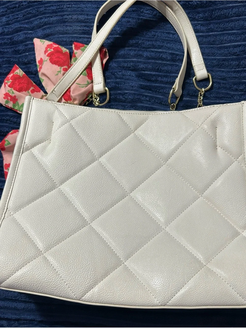 Betsey Johnson White Quilted Shoulder Bag with Pink Floral Scarf